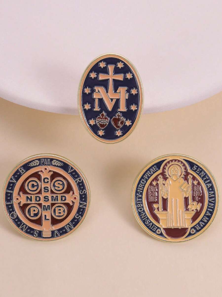 1/3pcs Catholic Faith Symbol Brooch, Zinc Alloy Enamel Material, Latin Prayer Text & Cross Icon Decor, Catholic Religious Theme Badge, Unisex Design, Religious Accessory Gift