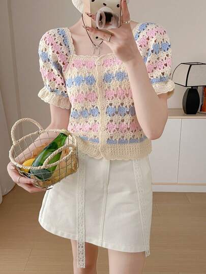 Wixra Blusa con scollo quadrato e maniche corte traforata, nuova creazione di , top corto dolce per le donne in vacanza in estate