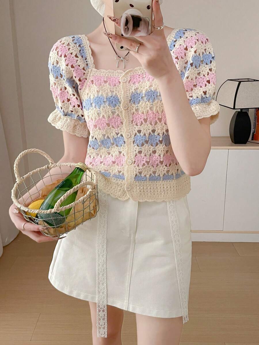 Wixra 方领镂空短袖上衣,新款小众甜美露脐女式度假夏季上衣 - 粉紅藍 - 查看 1