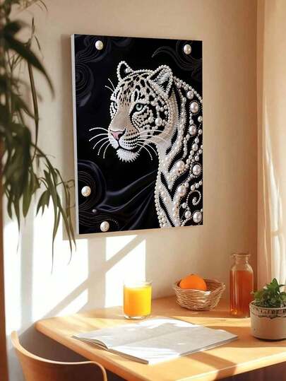 1 Set 2D Printed DIY Handmade Pearl Painting, White Tiger Pattern Creative Decorative Pearl Painting, DIY Embedded Pearl Painting, Comes With Self-Adhesive Pearls And Diamonds, Suitable For Home Decor, New House Decoration, DIY Craft Lovers, Gifts, Diamond Painting Kit, Frameless