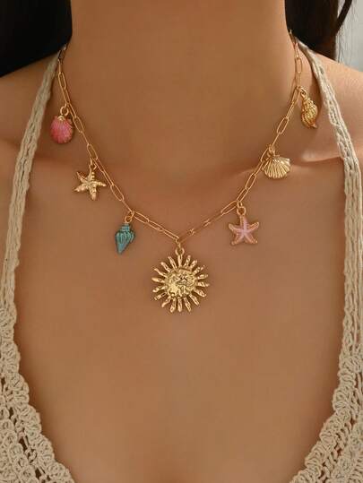 1pc Fashion Summer Vacation Ocean Life Multi-Pendant Necklace, Alloy Enamel Starfish Decor Necklace With Golden Sun Pendant, Suitable For Daily Wear, Beach Party, Music Festival