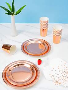 Rose Gold Disposable Plates, Napkins, Cups - 8 Guest Party Supplies Set, Disposable Paper Plates Tableware Suitable For Birthday, Wedding, Theme Party, Family Picnic - Multicolor - View 4