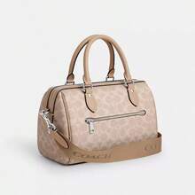 Bolso de hombro tipo tote de lona recubierta con cierre de cremallera y correa desmontable COACH Rowan, multifuncional, color arena plateado marrón, adecuado para vacaciones, ir al trabajo y uso diario, de moda y elegante - Plata, arena y gris topo - Ver 4
