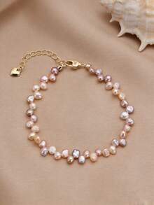 1pc 18K Gold Plated Natural Pearl Asymmetrical Teardrop Anklet, Mother's Day, Valentine's Day, Birthday, Wedding, Engagement, Bridal Gift - Pink - View 1