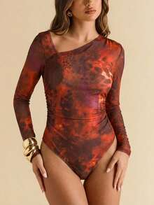 Áo liền thân dài tay nữ phong cách thường ngày cho ngày Valentine, cổ bất đối xứng, chi tiết lưới xuyên thấu, họa tiết da báo, mùa xuân hè. - Nhiều màu - Xem 3