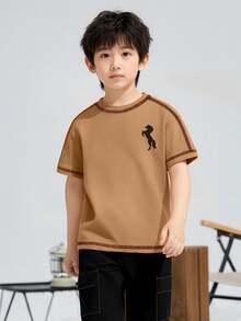 2 piezas Conjunto de camiseta de manga corta y pantalones cortos de verano para niños pequeños, estampado de caballo de dibujos animados, diseño de ribete negro en cuello redondo, pantalones cargo con costuras en contraste blanco, conjunto casual de moda para el fin de semana y la escuela - Amarillo Mostaza - Ver 6