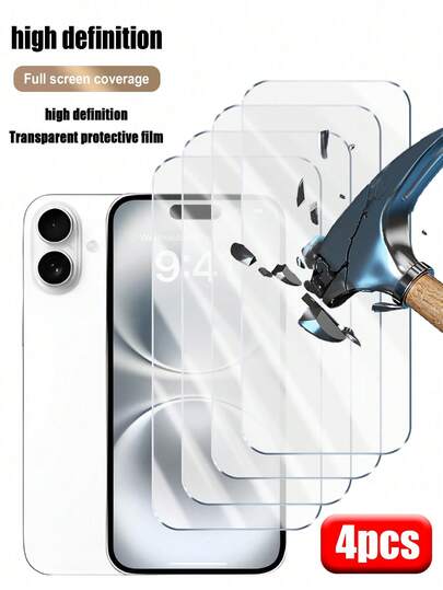 4pcs Full Screen Tempered Glass Screen Protector, Edge-To-Edge Coverage, Fingerprint-Proof, Waterproof, Scratch-Resistant, High Sensitivity Touch, 9H Hardness Anti-Shatter, Compatible With IPhone 17Pro Max/17 17Pro/17 Air/16 Pro Max/16/16 Pro/16 Plus/15 Pro Max/15/15 Pro/15 Plus/14 Pro Max/14/14 Pro/14 Plus /13 Pro Max/13/13 Pro/12/12 Pro/12 Pro Max/11/11 Pro Max Full Series