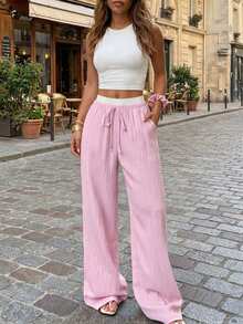 Summer Pink Woven Wide Leg Pants For Women, New Loose Waisted Slimming Straight Casual Long Trousers - Baby Pink - View 7