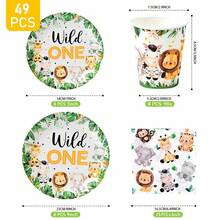Conjunto de 1 unidade com pratos, guardanapos e copos descartáveis com tema de animais da selva. Ideal para festas de aniversário, casamentos, festas temáticas e piqueniques em família. Suprimentos descartáveis de papel para uma única utilização, adequados para até 8 convidados. - Multicolorido - Ver 2