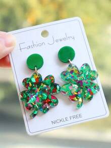 1 Pair St. Patrick's Day Green Acrylic Bling Bling Glitter Clover Earrings, Minimalist Vintage Exaggerated Earrings, Holiday Party Gift - Kim sa hình cỏ ba lá - Xem 1