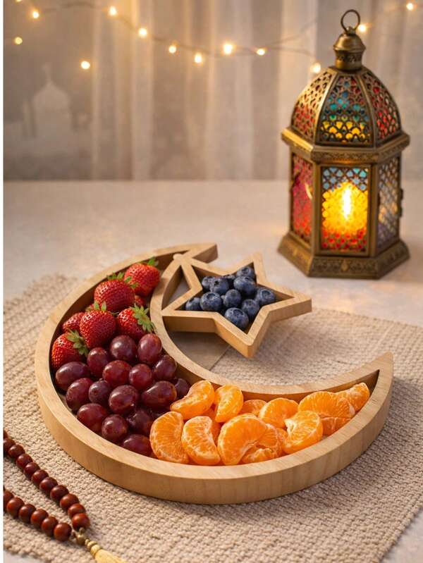 1个月亮星星造型零食盘 - 分格木质干果盒，斋月木质零食托盘，适合招待客人，可盛放坚果/蜜饯/糖果，北欧风格设计，简约时尚，适合斋月装饰、斋月厨房、客厅/餐厅/咖啡桌，提升家居品味 - 节日礼品佳选，宰牲节礼物