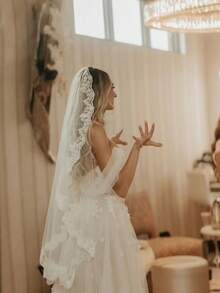 新娘婚纱蕾丝奢华头纱，白色复古新娘头饰配饰，浪漫婚礼仪式拖尾头纱，婚纱照头饰 - 白色 - 查看 2