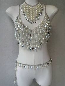 ZHENGHEN 1件装女士珍珠水钻身体链上装 - 时尚项链、胸链和腰链，适合夜店派对装扮 - 透明白 - 查看 6