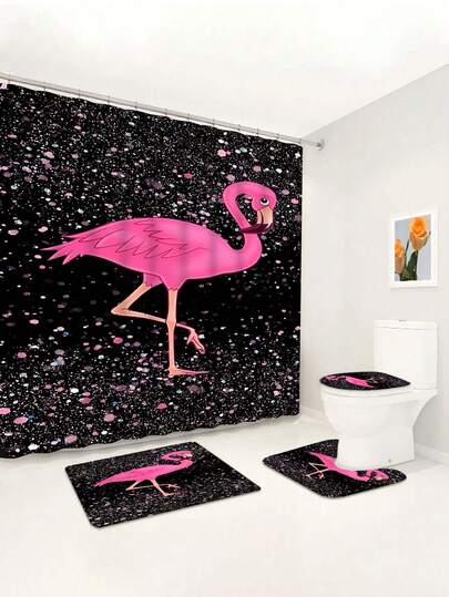 1/4 Pcs Starry Sky & Flamingo Printed Waterproof Shower Curtain, Bathroom Decor Set With 12 Hooks, Includes Bath Mat, Toilet Seat Cover, Suitable For Home, Hotel, Apartment, Gift For Friends And Family, All Seasons