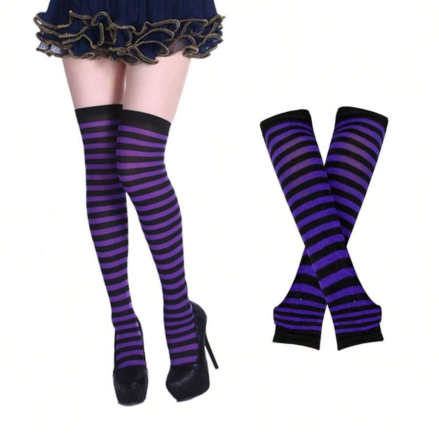 Benefeet Sox Womens Rainbow Striped Knee High Thigh High Socks Arm Warmers Set Fingerless Gloves Halloween Costume - BlackPurple - 查看 1