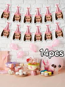 7/14/21pc Custom Photo Pink Party Hat Girl Birthday Banner Garland,Personalized Cute Face Photo Banner,Girls' Birthday Party Banner,Party Backdrop Banner, Personalized Gift - Multicolor - View 8