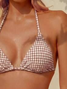 wohenmeili 格子印花挂脖扭结比基尼套装，波西米亚风图案高弹比基尼，女士系带三角泳衣上装和侧系带褶皱丁字裤，沙滩装，特制格子面料女士泳装 - 淺棕白格 - 查看 8