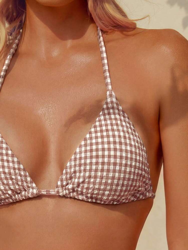 Plaid Print Halter Twist Bikini Set, Bohemian Style Patterned High Elasticity Bikini, Women's Tie Triangle Swimwear Top And Side Tie Ruched Thong Bottoms, Beach Wear, Special Plaid Fabric Women Swimwear Vacation Summer - Light Brown and White Checkered - View 8