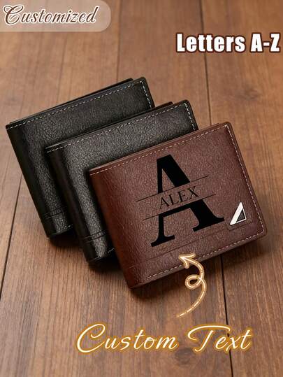 Personalized Men's Wallet, Customizable Name, Business Style, Short Bifold Wallet, Artistic Letter Design, Multi-Color Options, Casual Fashion Accessory, No Lining, Coin Pouch, Cleanable With Wet Wipes, Suitable For Christmas, New Year, Valentine's Day, Birthday, Anniversary Gifts