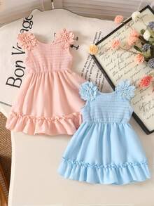 2件套女婴休闲优雅可爱柔软舒适3D立体花朵装饰蕾丝荷叶边针织吊带公主裙，适合夏季日常穿着、度假、派对、拍照、户外活动等场合。 - 彩色 - 查看 2