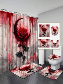 Gothic Rose Shower Curtain Set - Red Rose & Moon Design, Paired With Dark Tones & Mystique, Includes Shower Curtain, Bath Mat, Toilet Lid Cover & Non-Slip Bathroom Mat, Adds Distinctive Style To Bathroom - A - View 3