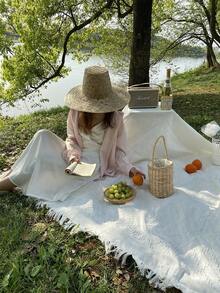 1 pezzo - Telo da picnic bianco multiuso, adatto per bancarelle, mercati notturni, tovaglie da spiaggia, sfondi fotografici per campeggio, tappetini per compleanni, ideale per erba, spiaggia e campeggio all'aperto; ottimo anche come copritavolo per mobili o copridivano in casa. - C - Visualizzare 3
