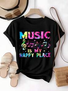 Camiseta mujer,estampado notas musicales,arcoíris frase,alegre vibrante,festivales música,clases música,uso casual,amantes melodía,verano 2026,tallas grandes,blusas para mujer,blusas elegantes dama,tops,playeras de mujer,blusas curvy mujer. - Negro - Ver 1