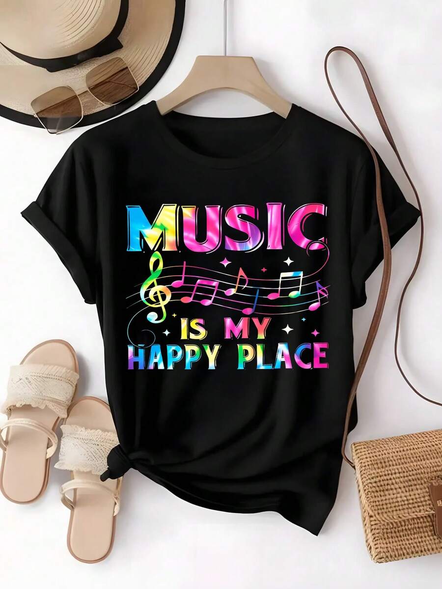 Camiseta mujer,estampado notas musicales,arcoíris frase,alegre vibrante,festivales música,clases música,uso casual,amantes melodía,verano 2026,tallas grandes,blusas para mujer,blusas elegantes dama,tops,playeras de mujer,blusas curvy mujer. - Negro - Ver 1