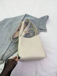 Fashionable Women's Handbag, Minimalist Brown Tote Bucket Bag, PU Material Vintage Commuter Versatile Shoulder Bag, Suitable For Ladies Shopping And Daily Use - Beige - View 6