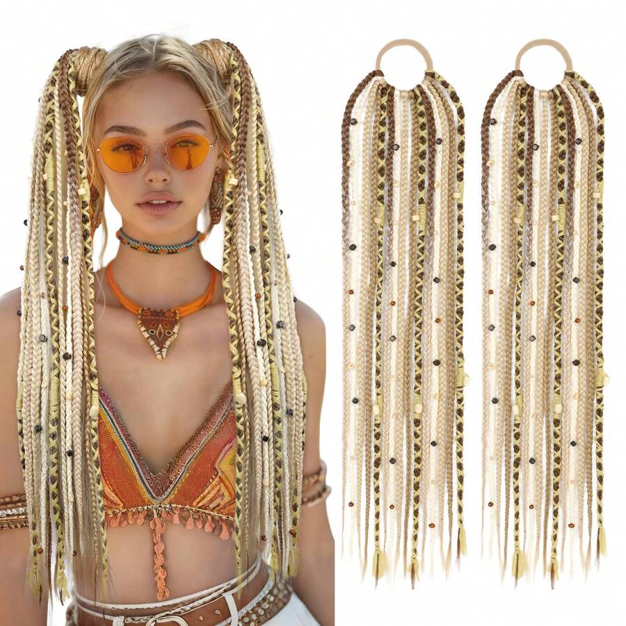 2pcs Bohemian Style Braided Hair Scrunchies, 20 Inch Long Viking Braid Hair Ties, Suitable For Holiday Makeup & Costume - Multicolor - View 1