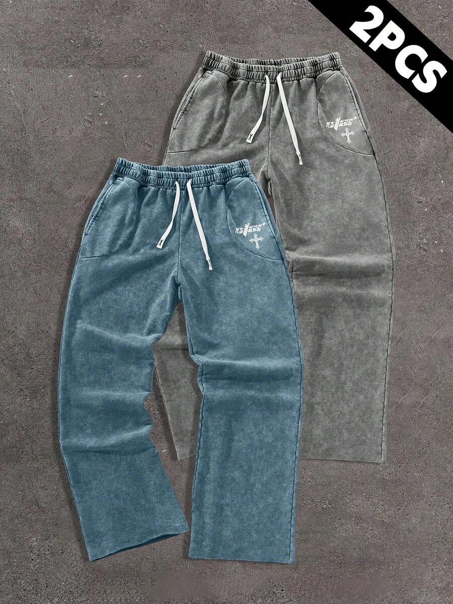 Men's 2PCS Geometrical Print Drawstring Waist Loose Straight Leg Sports Pants Baggy Gym Clothes Men Pants Windbreaker Pants Fishing Pants - 彩色 - 查看 1