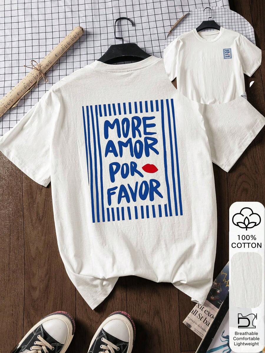 女士休闲夏季100%纯棉字母印花短袖上衣，图案T恤，柔软面料，纯棉服装，户外上衣，印花图案，夏季T恤，女士T恤，衬衫，夏季服装，度假装，旅行风格，海滩风，简约度假服饰 - 白色 - 查看 1