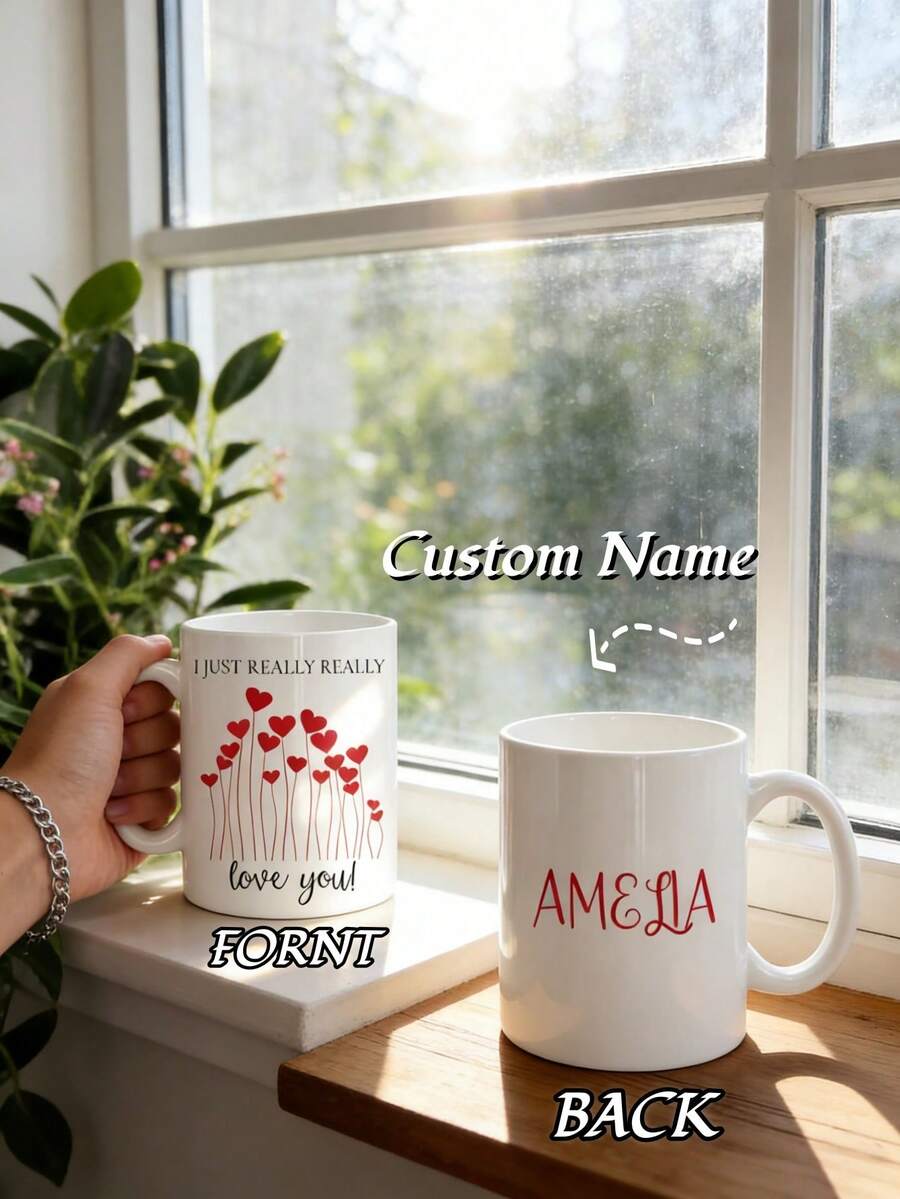 1pc Custom Valentine's Day Ceramic Mug, Personalized With Text For Everyday Use And Special Occasions - White - View 1