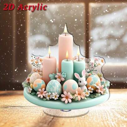 2D Flat Easter Bunny & Egg Acrylic Centerpiece - Rotating 2D Flat Tabletop Decor With Pastel Candles, Decorative Flowers, And Whimsical Bunny Design, Suitable For Holiday Home Decor, Bunny Accessories For Christmas, New Year, Valentine's Day, Easter, Ramadan