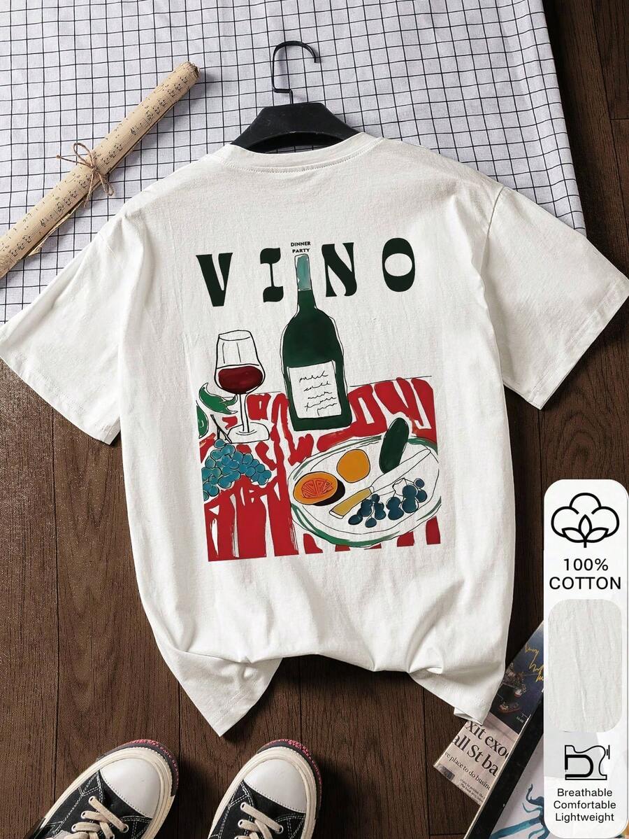 女士100%纯棉短袖T恤，酒红色印花，夏季款 - 白色 - 查看 1