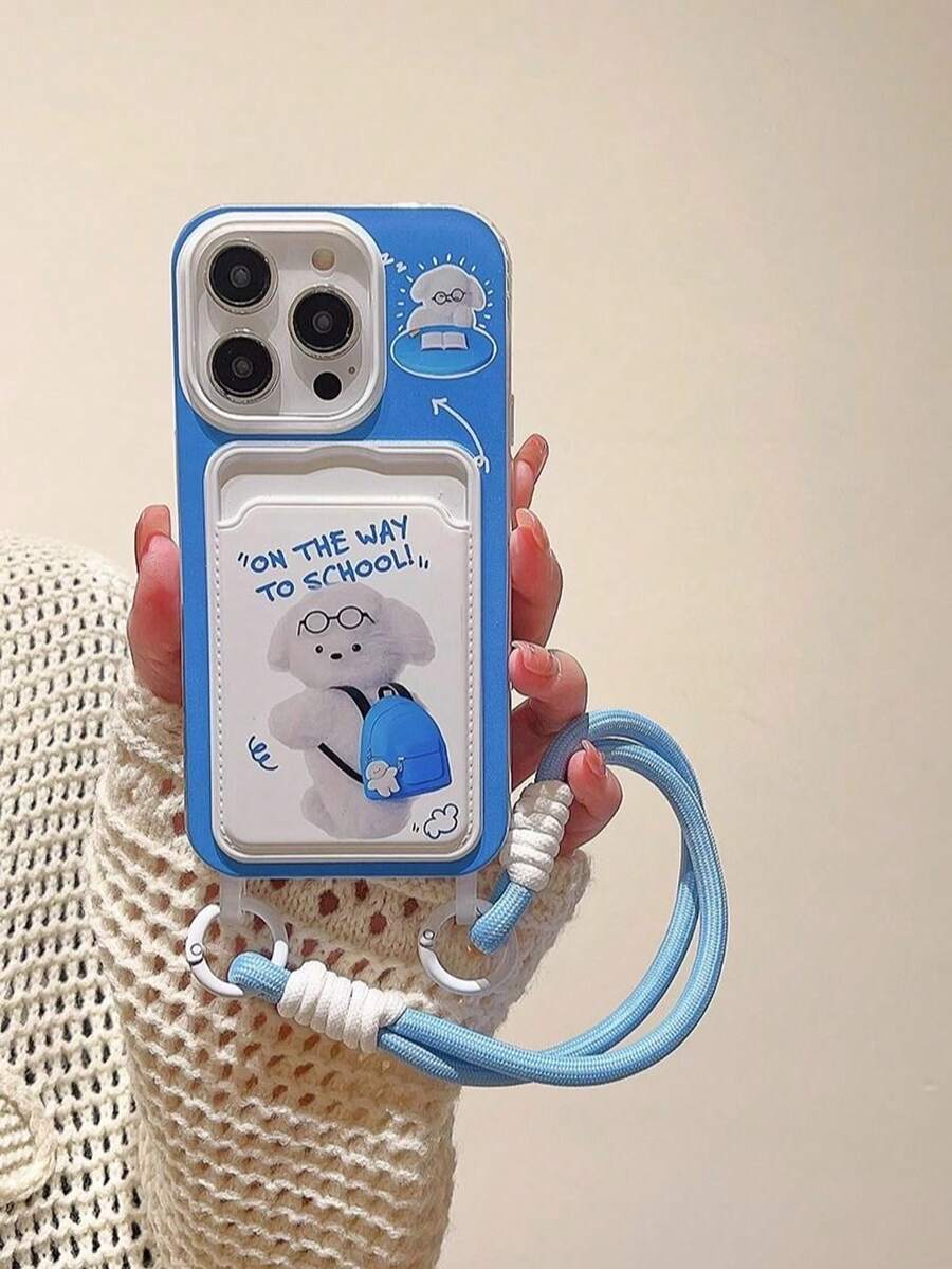 Dog 1pc Cute Cartoon Puppy Going To School Blue Phone Case With Lanyard, Protective Cover Compatible With Iphone 11/12/13/14/15/16/17/Pro Max - Blue - View 1