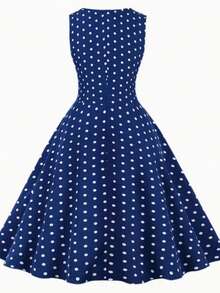 Nuevo cinturón decorativo estampado, vestido casual de cuello redondo sin mangas, ropa elegante para mujer para vacaciones de primavera, verano y otoño - Azul Marino - Ver 2