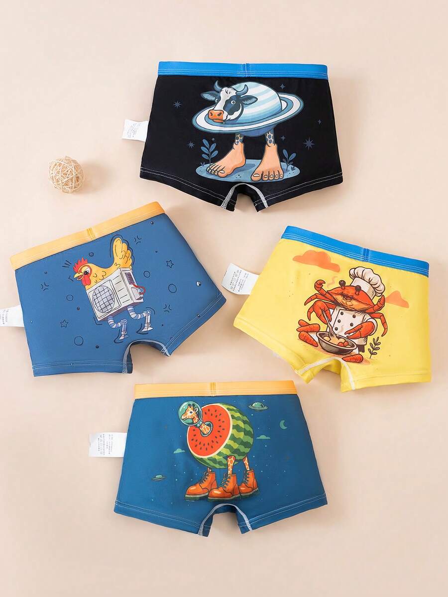 Bộ 4 quần lót boxer in hình ngộ nghĩnh cho bé trai, thoải mái và thoáng khí, phù hợp cho mọi mùa. - Nhiều màu - Xem 1