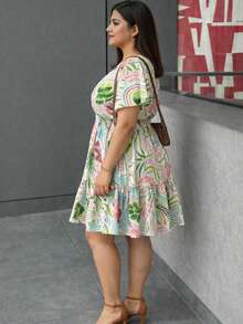 Women's Plus Size Printed Dress, Short Sleeve, Casual, Adjustable - 列印 1 - 查看 5