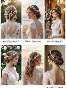 手工制作的哑光白花金色叶子新娘发饰，可调节丝带，适合新娘和伴娘佩戴，波西米亚珍珠发饰，派对必备 - 金色 - 查看 6