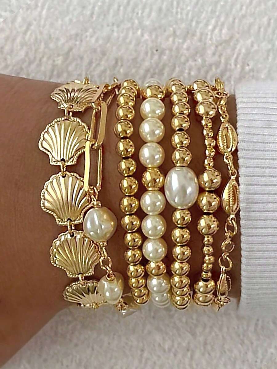 Bộ 7 vòng tay đính hạt hình sao biển, vỏ sò và ngọc trai phong cách Bohemian cổ điển, thanh lịch, phù hợp cho nữ giới đeo hàng ngày, dự tiệc, du lịch, đám cưới, hẹn hò, có thể đeo nhiều lớp, làm quà tặng ngày lễ. - Kiểu 4 - Xem 1