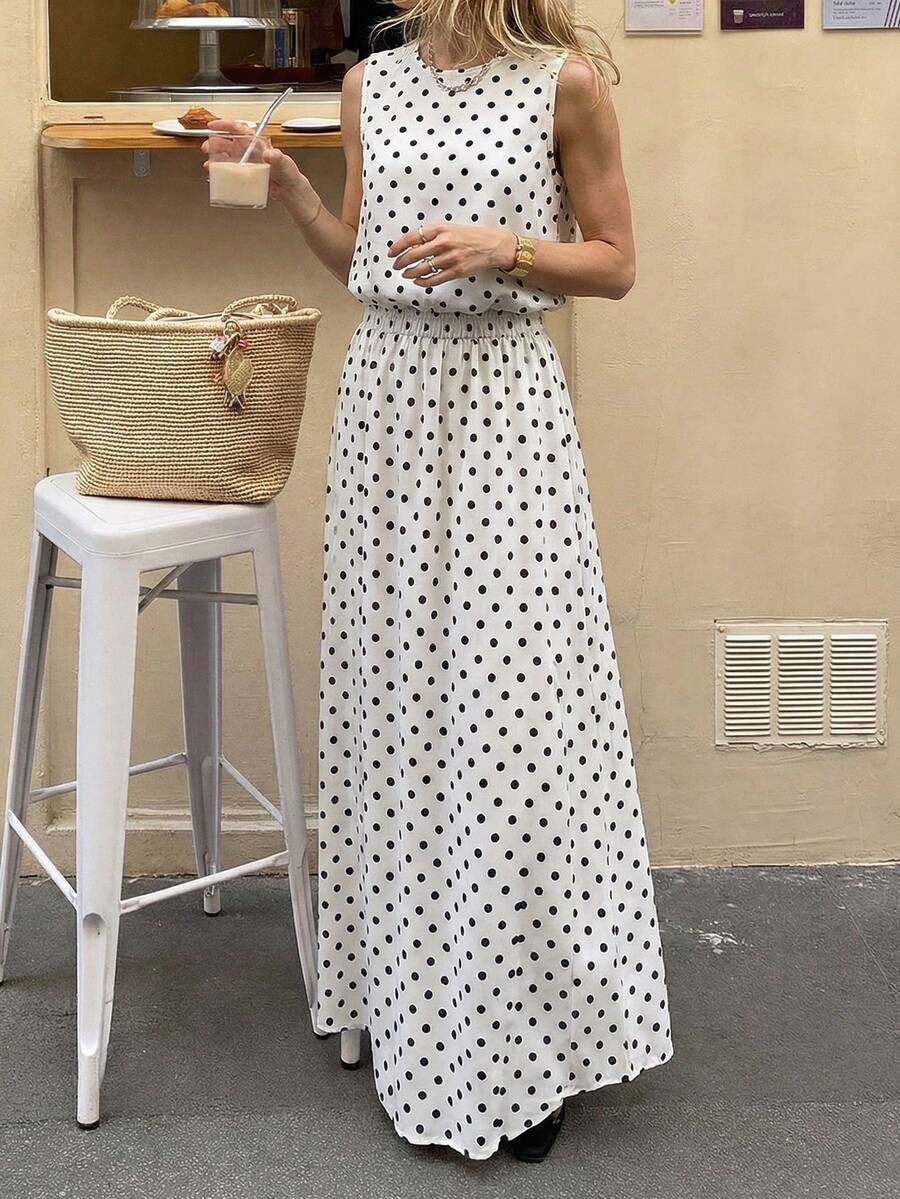 女士休闲度假轻薄仿亚麻黑白波点无袖露脐上衣和开衩长裙两件套，简约时尚，适合约会和日常穿着 - 白色 - 查看 1