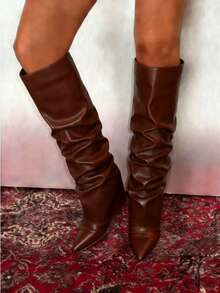 Shark Brown Boots Women's Knee High Boots Solid Color Pointed Toe Fold Over Boots Slouchy Wedges High Heels Shoes Wide Calf Easter Festival Fashionable Outdoor Party Boots Motorcycle Shoes - màu nâu - Xem 5