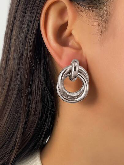 2 piezas Juego de pendientes de bola 3D con círculo enlazado, estilo minimalista y retro, elegantes pendientes personalizados versátiles para uso diario