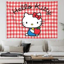 SANRIO 1件 Hello Kitty，三丽鸥可爱风，红色格子印花挂毯，可爱海报墙挂艺术装饰，美观背景布 - 彩色 - 查看 5