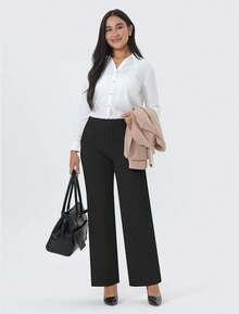 1PC Women's High-Waisted Wide Leg Pants - Ultra Stretchy With Deep Pockets | The Ultimate Vacation Outfit Staple For Summer Outfits For Women, Beach Days & Valentine Outfits For Women - 1pc 黑色 - 查看 9