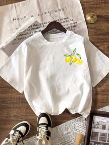 Limoncello Lemon Fruit Stripe Graphic T-Shirt, Women Casual Round Neck Short Sleeve Simple T-Shirt, Summer Vacation, Beach - Multicolor - View 3