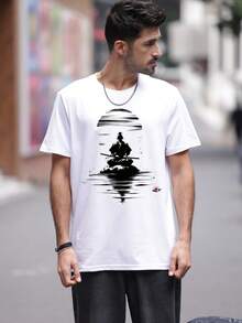 A men's round neck casual short top, elegant and casual, suitable for daily outings, Christmas, regular length, essential for travel - Blanco - Ver 2