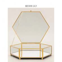 Hexagon Glass Box For Display Handmade, Mirrored Bottom, Brass & HD-Glass Geometric Jewelry Box With Lid For Trinkets, Photos, Books - Multipurpose Keepsake Organizer, Home Decor, Gold - 金子 - 查看 5