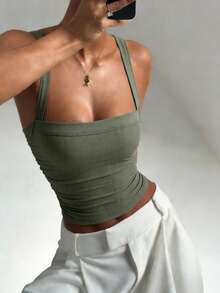 Top corto versátil de unicolor Y2K sexy para mujer, adecuado para uso diario casual y deportivo - Verde militar - Ver 10